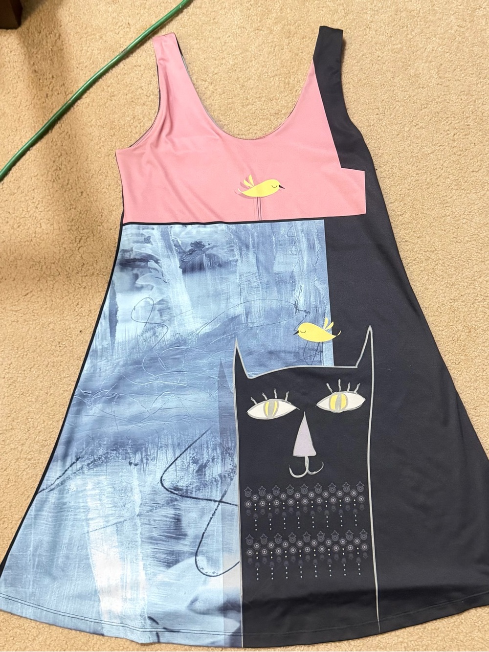 Graphic Asymmetrical Colorblock Dress with Cat & Bird Motif - Pink, Blue, Black